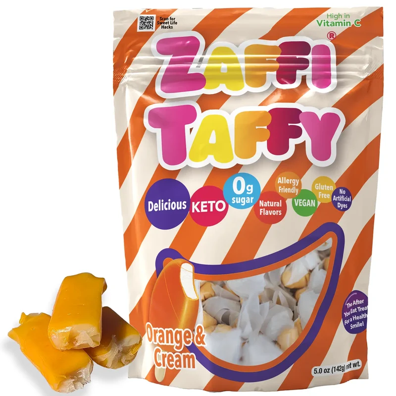 Zaffi Taffy Sugar-Free Chewy Candy – Tooth-Friendly Candy, Orange Cream, 5oz Bag