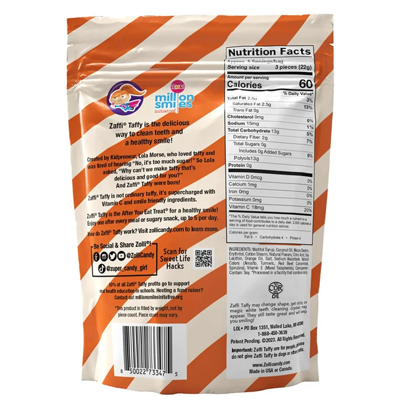 Zaffi Taffy Sugar-Free Chewy Candy – Tooth-Friendly Candy, Orange Cream, 5oz Bag