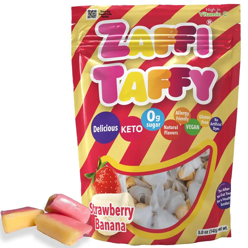 Zaffi Taffy Sugar-Free Chewy Candy – Tooth-Friendly Candy, Strawberry Banana, 5oz Bag