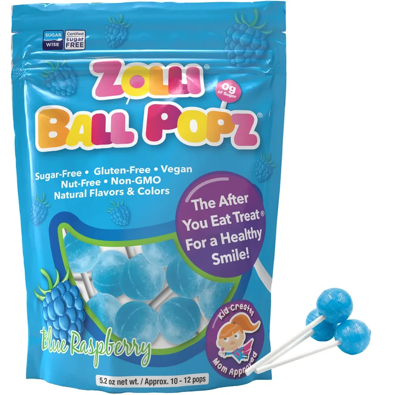 Zolli Ball Popz Sugar-Free Lollipops – Tooth-Friendly Candy, Blue Raspberry, 5.2oz Bag