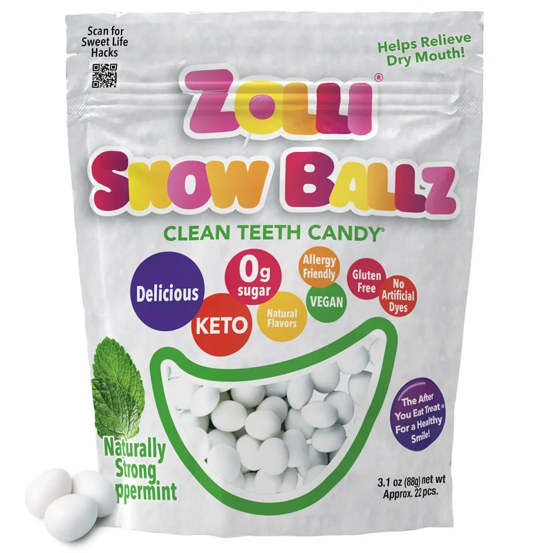 Zolli Snow Ballz Sugar-Free Hard Candy Mints – Tooth-Friendly Candy, Peppermint, 3.1oz Bag