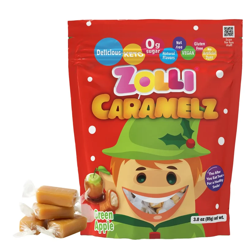 Zolli Caramelz Sugar-Free Caramels – Tooth-Friendly Green Apple Caramel Holiday Candy, 3oz Bag