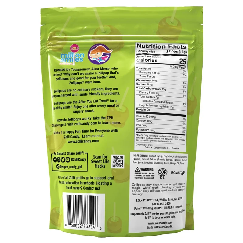 Zollipops Sugar-Free Lollipops – Tooth-Friendly Candy, Caramel & Green Apple, 5.2oz Bag