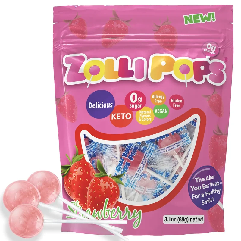 Zollipops Sugar-Free Lollipops – Tooth-Friendly Candy, Strawberry, 3.1oz Bag