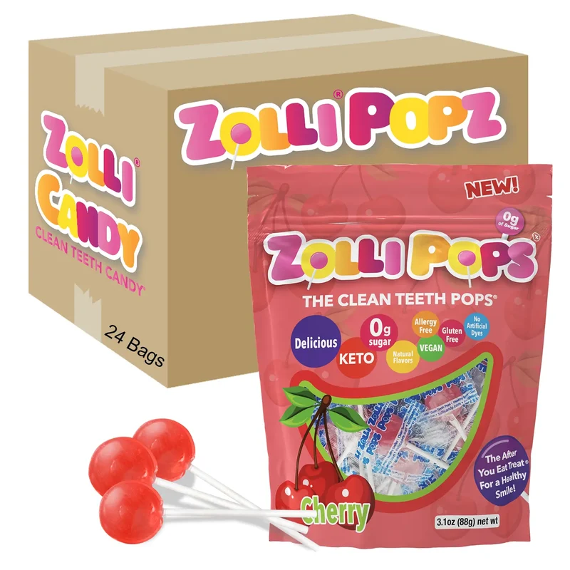 Case Zollipops® Sugar Free Lollipops Cherry 3.1oz Pouches - 24/case