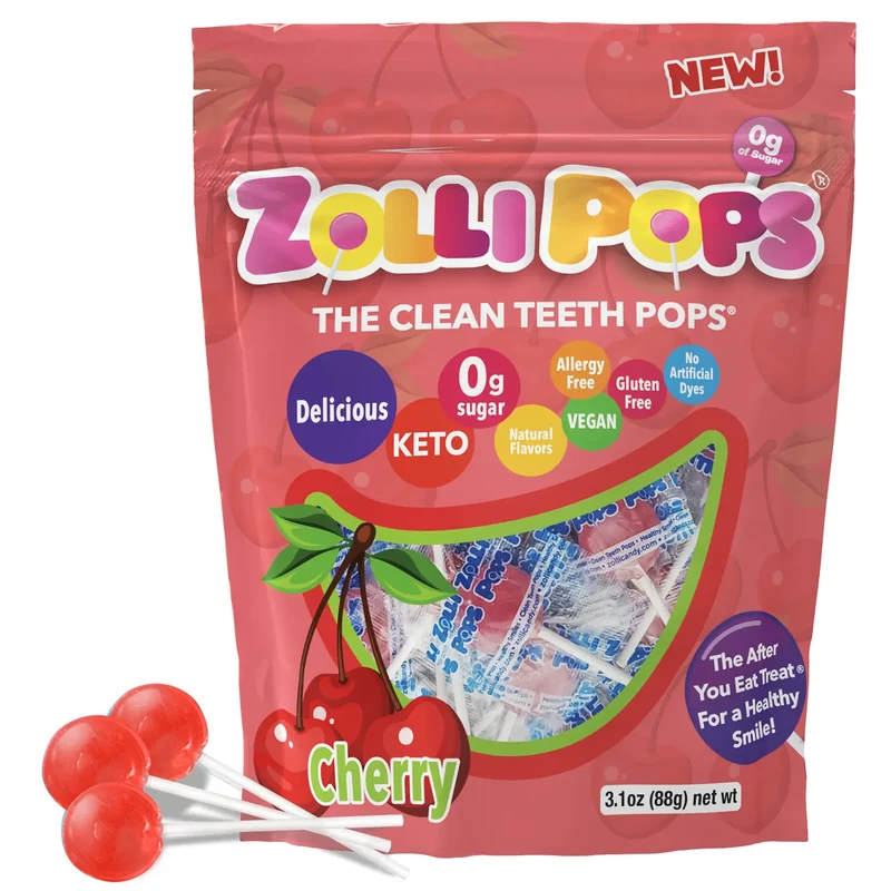 Zollipops Sugar-Free Lollipops – Tooth-Friendly Candy with Xylitol, Cherry, 3.1oz Bag
