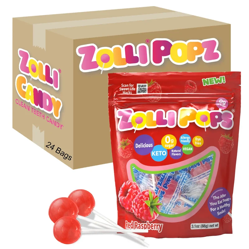 Case Zollipops® Sugar Free Lollipops Raspberry 3.1oz Pouches - 24/case