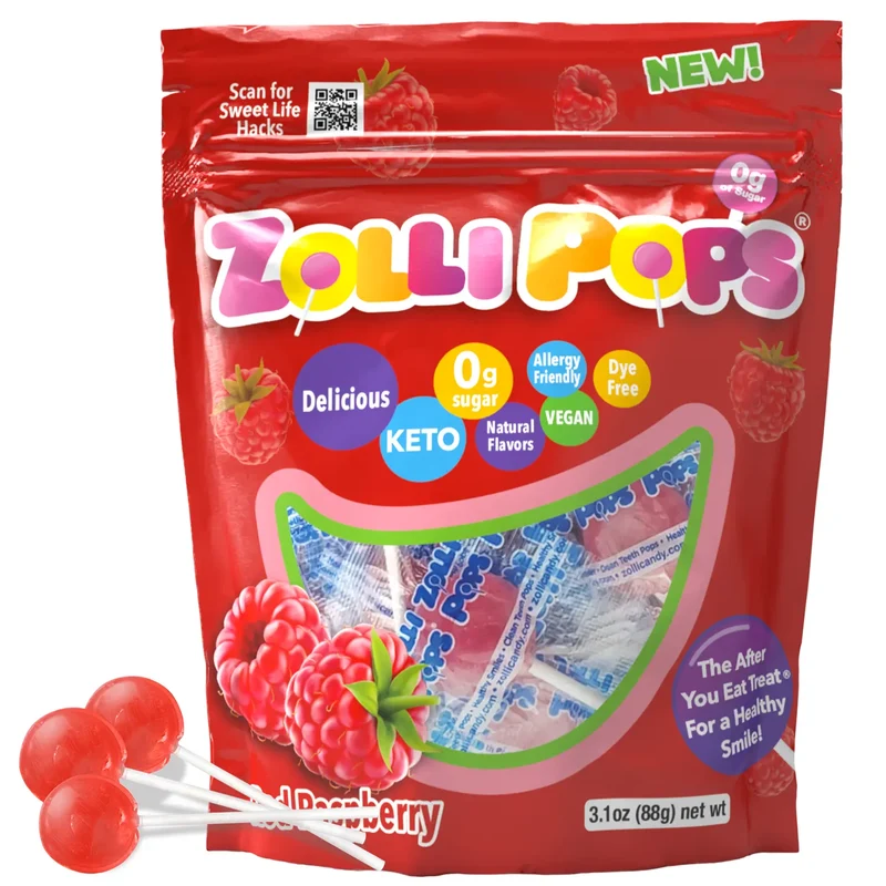Zollipops Sugar-Free Lollipops – Tooth-Friendly Candy, Raspberry, 3.1oz Bag