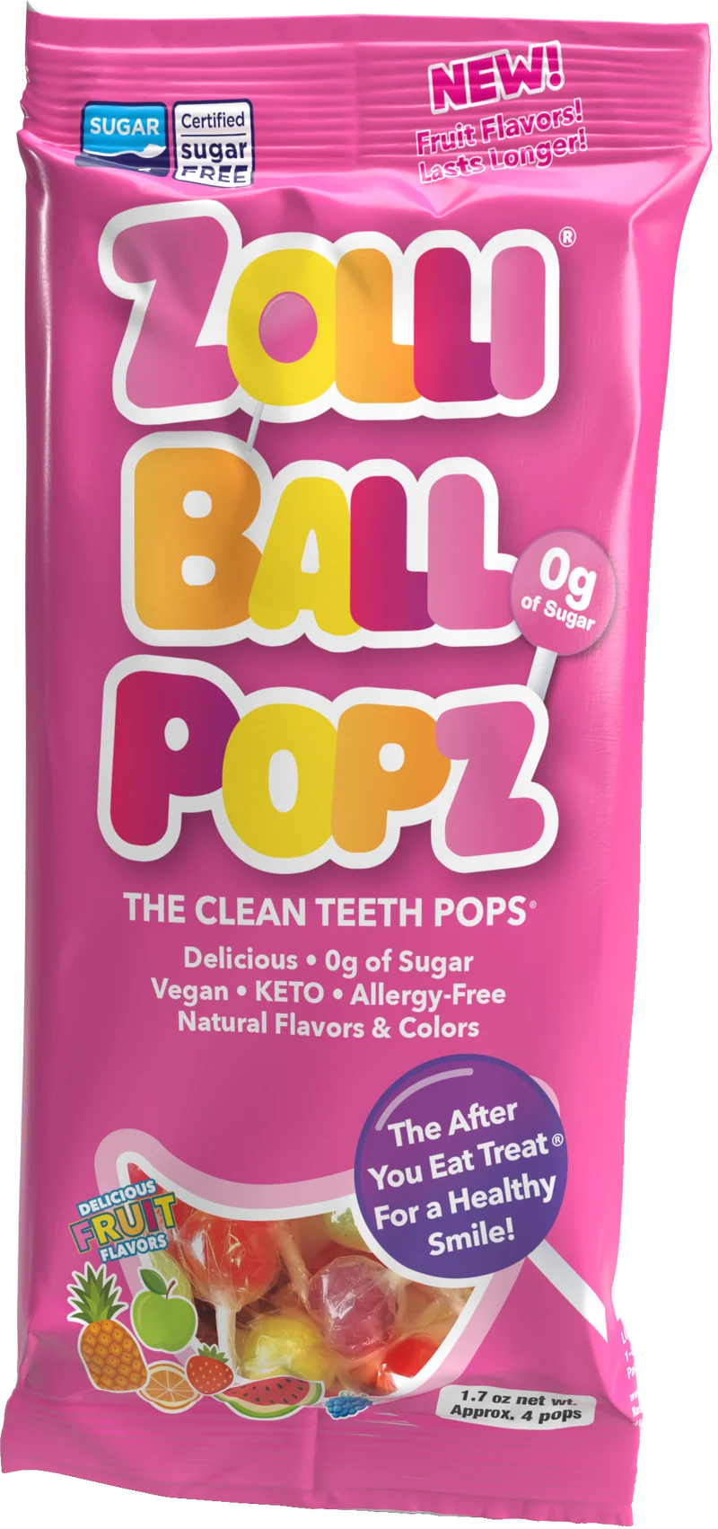 Zolli Ball Popz Sugar-Free Lollipops – Tooth-Friendly Candy, Assorted Fruit, 12 x 1.7oz Bags