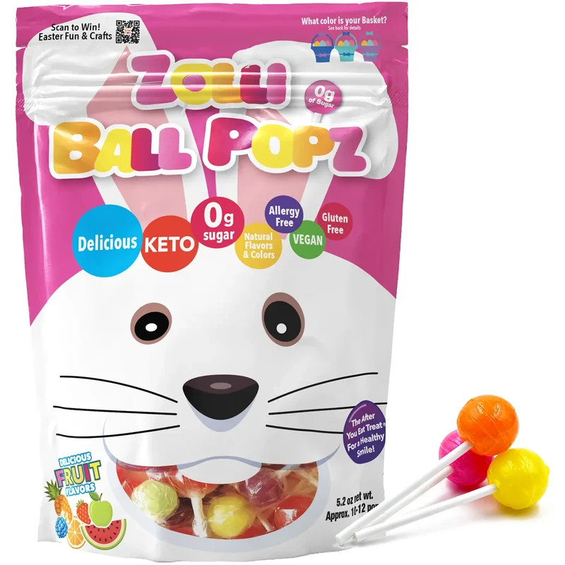 Easter Bunny Zolli Ball Popz Sugar Free Lollipops Assorted Fruit 5.2oz Pouch