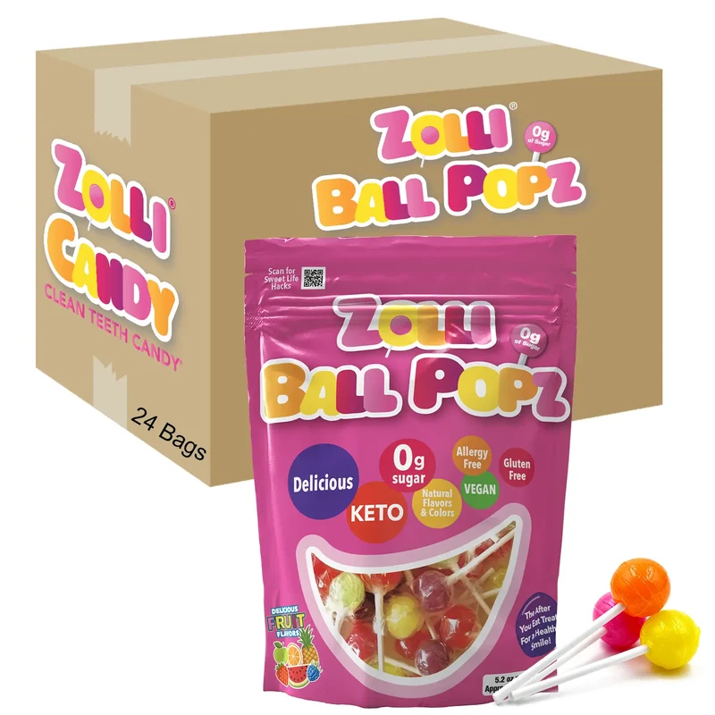 Zolli Ball Popz Sugar-Free Lollipops – Tooth-Friendly Candy, Assorted Fruit, 24 x 5.2oz