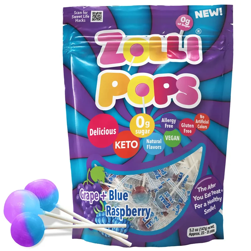 Zollipops Sugar-Free Lollipops – Tooth-Friendly Candy, Grape & Blue Raspberry Swirl, 5.2oz Bag