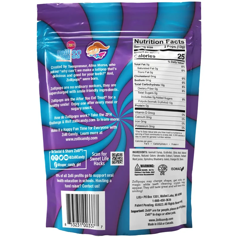 Zollipops Sugar-Free Lollipops – Tooth-Friendly Candy, Grape & Blue Raspberry Swirl, 5.2oz Bag