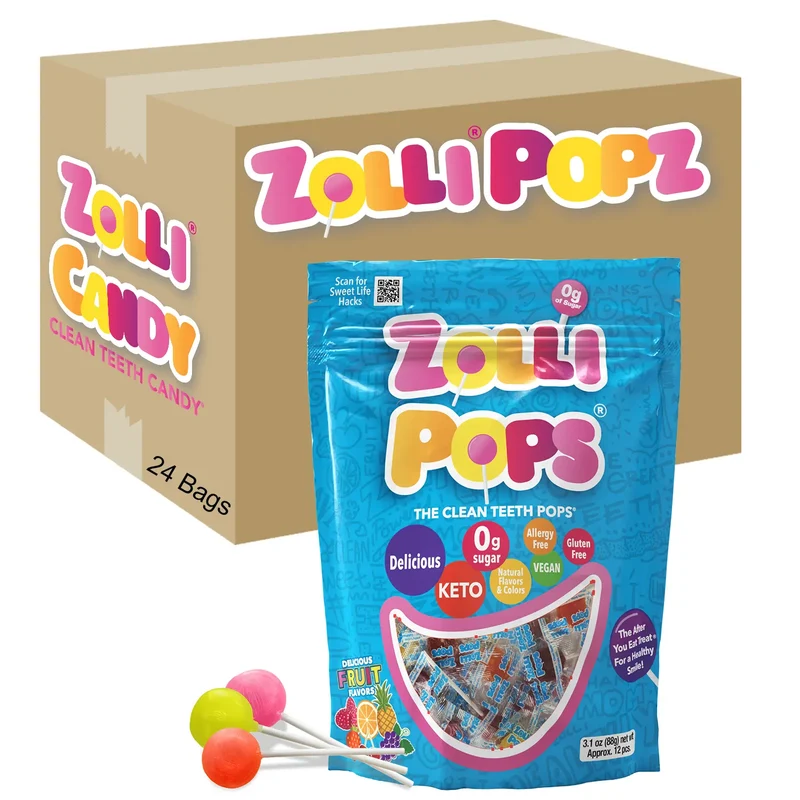 Case Zollipops® Sugar Free Lollipops Assorted Fruit 3.1oz Pouches - 24/case