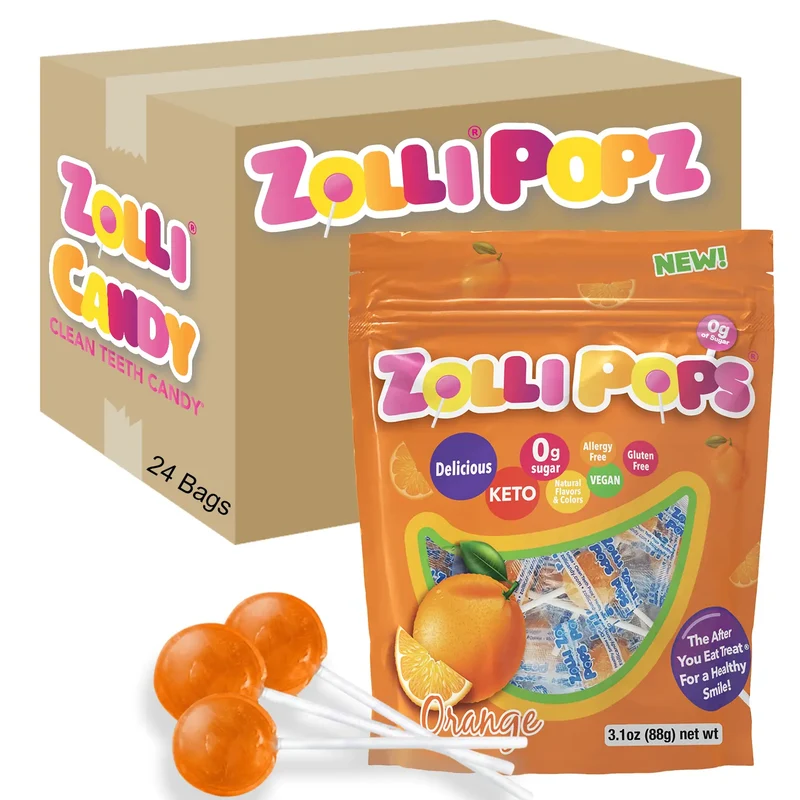 Case Zollipops® Sugar Free Lollipops Orange 3.1oz Pouches - 24/case
