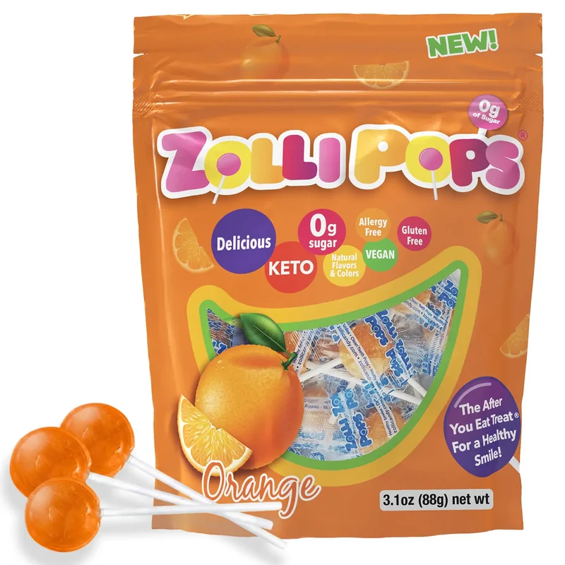 Zollipops Sugar-Free Lollipops – Tooth-Friendly Candy, Orange, 3.1oz Bag