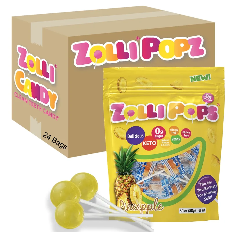 Case Zollipops® Sugar Free Lollipops Pineapple 3.1oz Pouches - 24/case