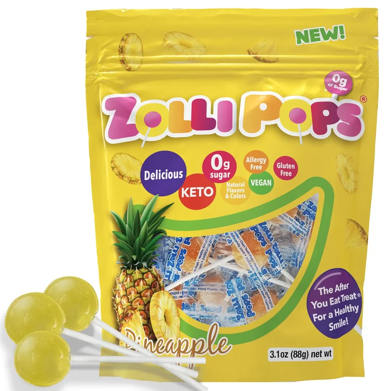 Zollipops Sugar-Free Lollipops – Tooth-Friendly Candy, Pineapple, 3.1oz Bag