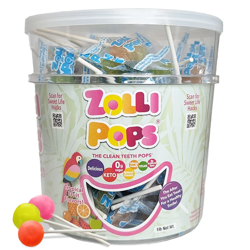 Zollipops Sugar-Free Lollipops – Tooth-Friendly Candy, Assorted Tropical Fruit, 1lb Tub