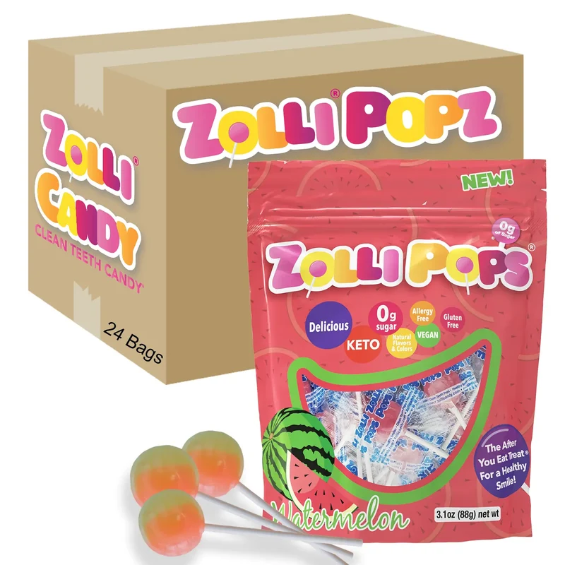 Case Zollipops® Sugar Free Lollipops Watermelon 3.1oz Pouches - 24/case