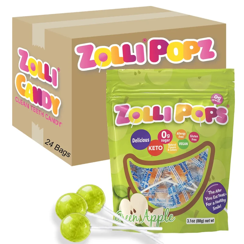 Case Zollipops® Sugar Free Green Apple Lollipops 3.1oz Pouches - 24/case