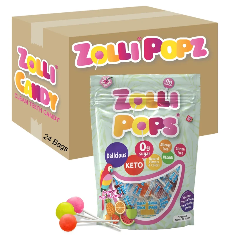 Case Zollipops® Sugar Free Lollipops Tropical Assorted 5.2oz Pouches - 24/case