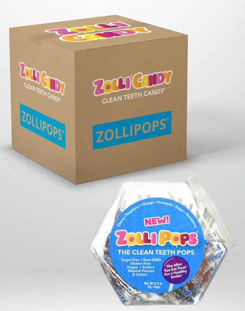 Case Zollipops® Sugar Free Lollipops Assorted Fruit Small Hex Shape Jars 5.2oz - 12/case