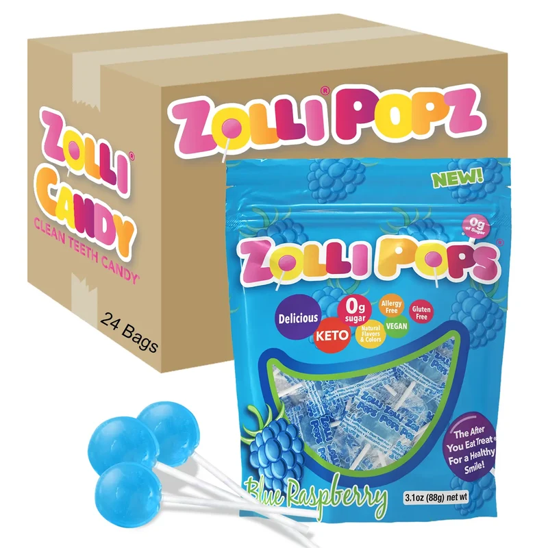 Case Zollipops® Sugar Free Lollipops Blue Raspberry 3.1oz Pouches - 24/case