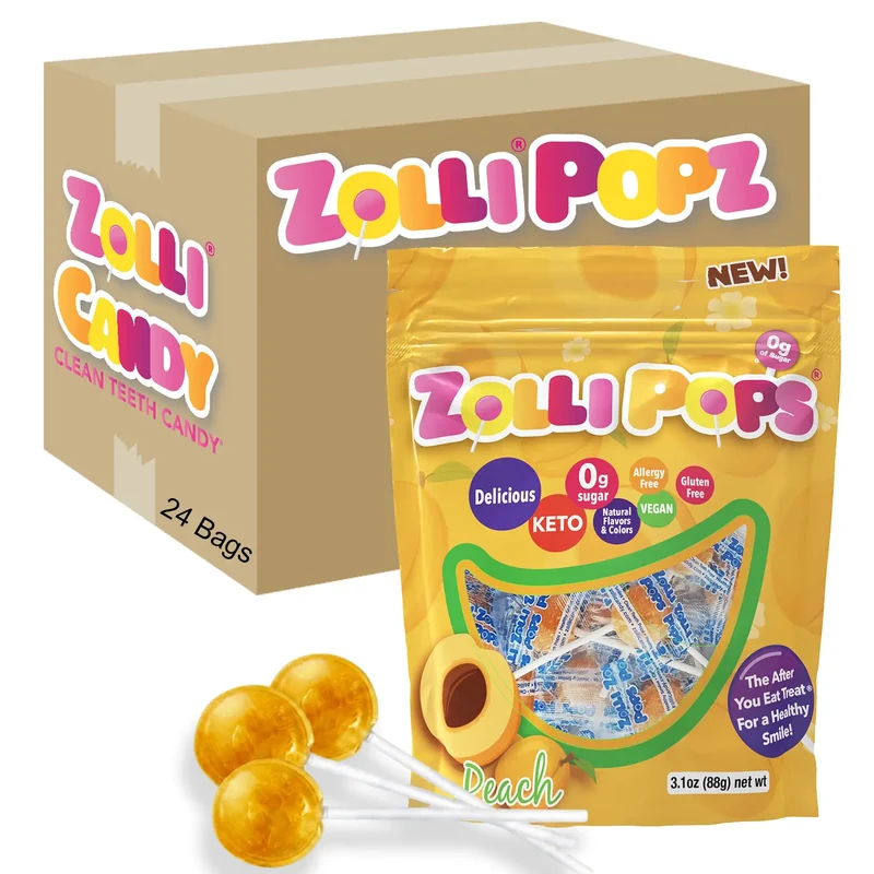 Case Zollipops® Sugar Free Lollipops Peach 3.1oz Pouches - 24/case