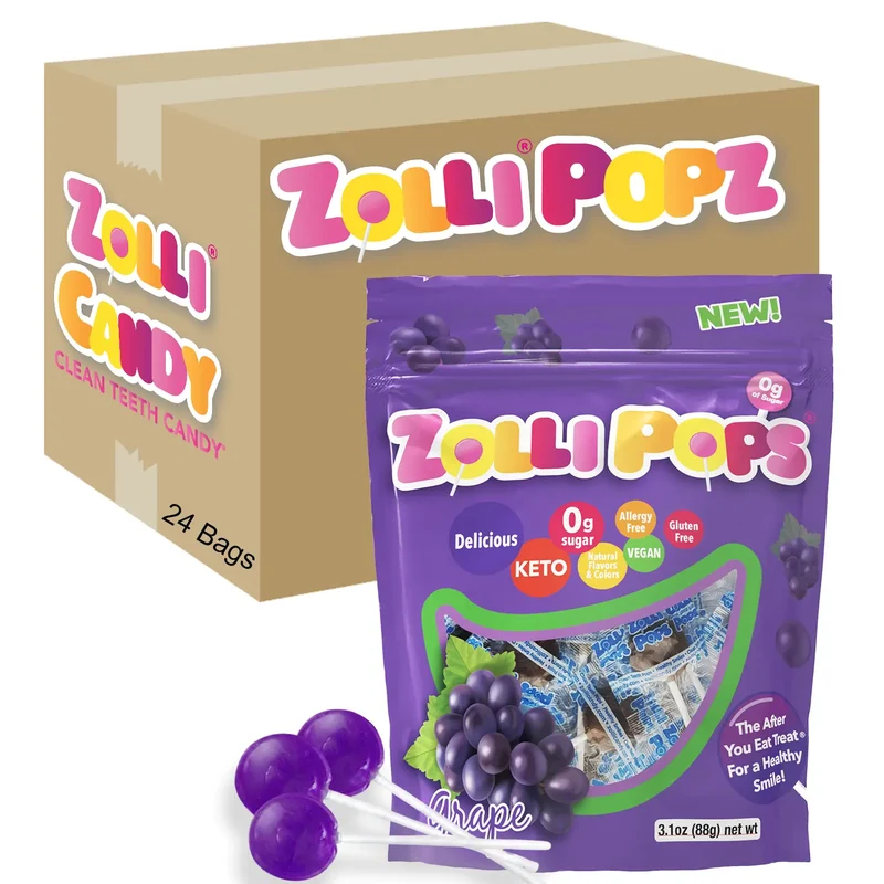 Case Zollipops® Sugar Free Lollipops Grape 3.1oz Pouches - 24/case