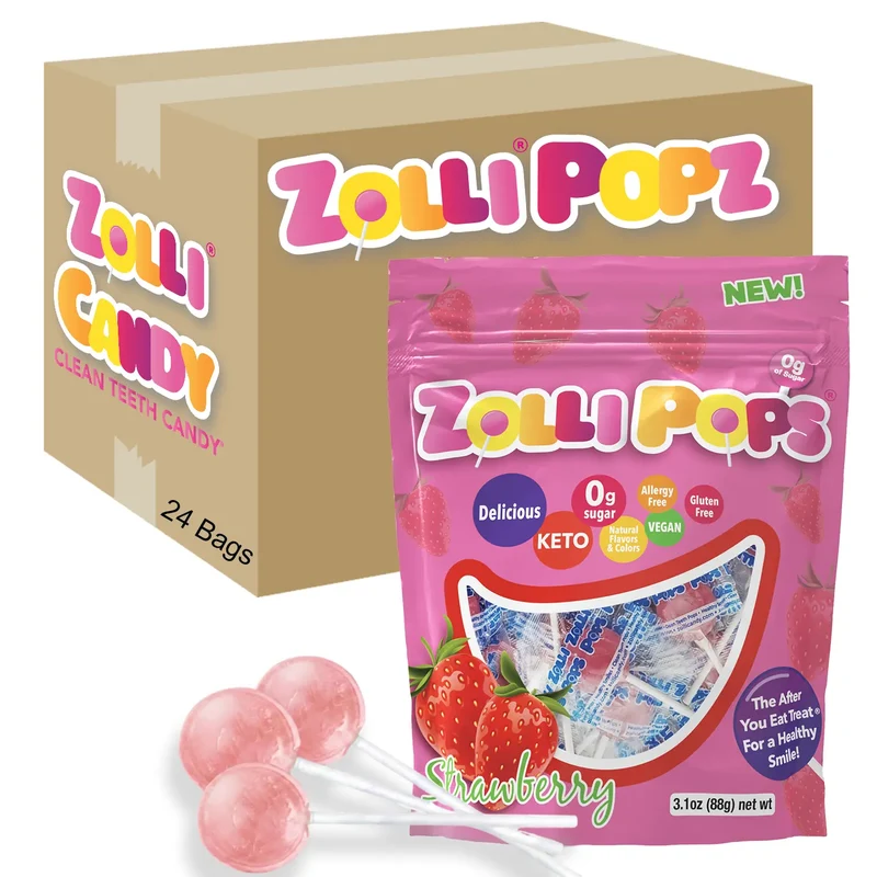 Case Zollipops® Sugar Free Lollipops Strawberry 3.1oz Pouches - 24/case