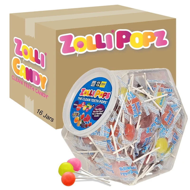 Case Zollipops® Sugar Free Lollipops Assorted Fruit Large Hex Shape Jars 29 oz. - 16/case