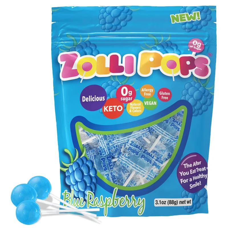 Zollipops Sugar-Free Lollipops – Tooth-Friendly Candy, Blue Raspberry, 3.1oz Bag