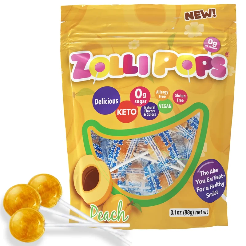 Zollipops Sugar-Free Lollipops – Tooth-Friendly Candy, Peach, 3.1oz Bag