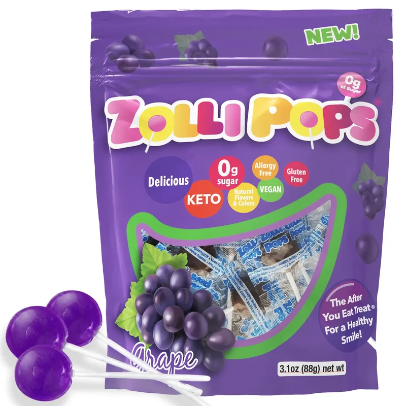 Zollipops Sugar-Free Lollipops – Tooth-Friendly Candy with Xylitol, Grape, 3.1oz Bag