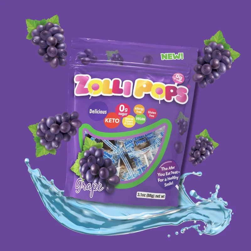 Zollipops Sugar-Free Lollipops – Tooth-Friendly Candy with Xylitol, Grape, 3.1oz Bag