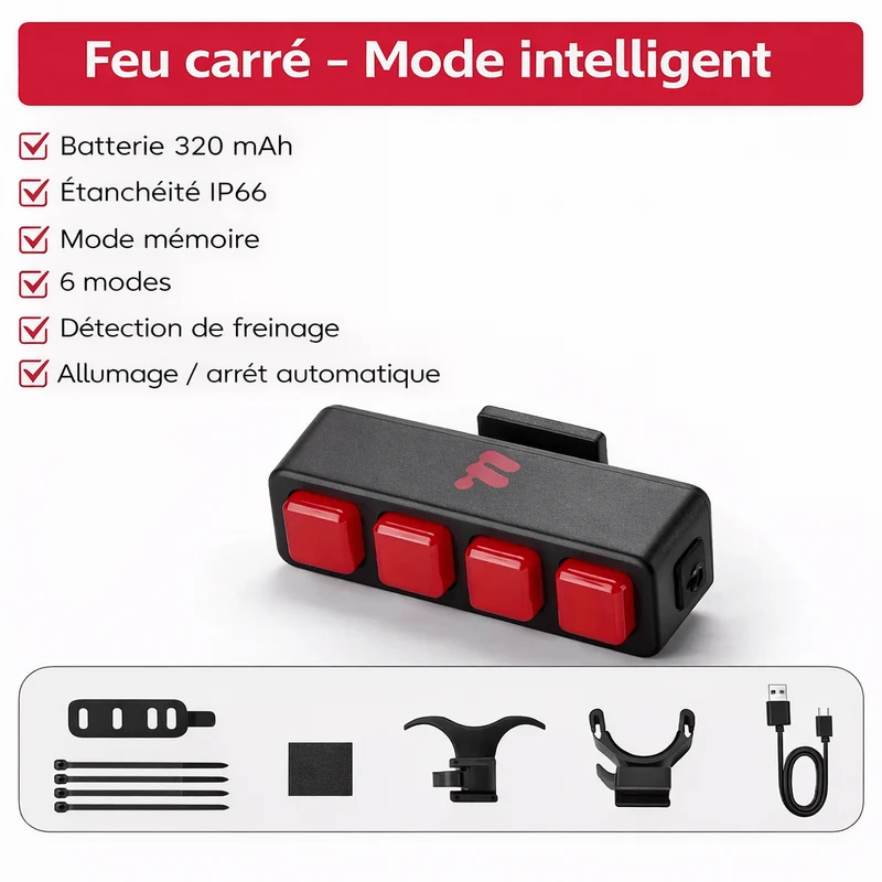 RideTorch™ | Feu arriere velo avec détection automatique et visibilité renforcée